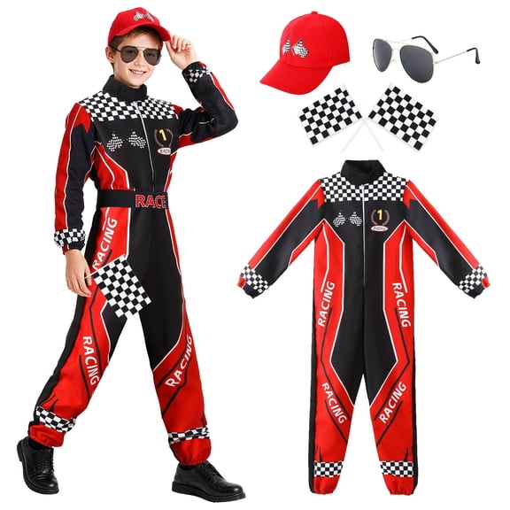 Pigmiss Kids Race Car Driver Costume Boys Racer Jumpsuit Set with Cap, Sunglasses, Flags for Halloween Dress Up
