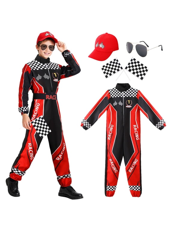 Kids Race Car Driver Costume Boys Racer Jumpsuit Set with Cap, Sunglasses, Flags for Halloween Dress Up