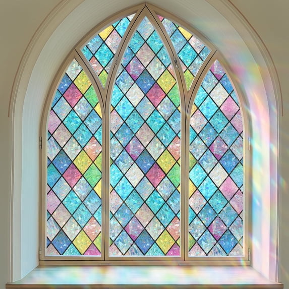 Pigo Window Privacy Film Stained Glass Window Clings 3D Rainbow Film for Glass Door Decorative Colorful Lattice Stickers Static Cling Sun Blocking Door Coverings for Home, 17.5 x 78.7 inches