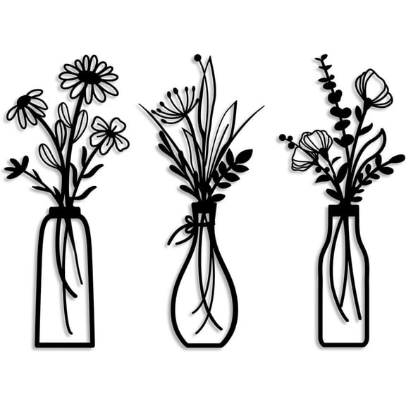 3 Pieces Metal Flowers Wall Arts, Rustic Farmhouse Decor Black Minimalist Flower Wall Decor for Living room Bathroom Bedroom Dining Room, Housewarming Gifts