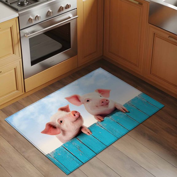 Pigs 2x3 Rug for Entryway Front Door Kitchen Sink Area, Farmhouse Cute Pigs Blue Wooden Fence Blue Sky Low Pile Washable Non Slip Rectangle Area Rug