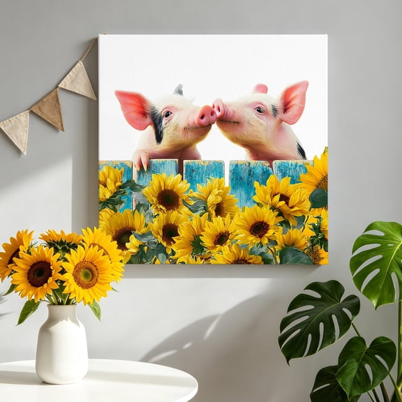 Pigs Canvas Wall Art, Farmhouse Cute Pigs Blue Wooden Fence Sunflowers Pictures Wall Decor Wooden Framed Artwork Art Prints for Living Room Hallway Bedroom Office 8"x8"