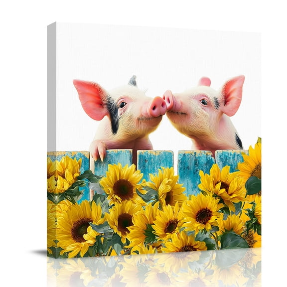 Pigs Canvas Wall Art for Living Room, Farmhouse Cute Pigs Blue Wooden Fence Sunflowers Poster Print Painting for Bedroom Office Home Decoration Wall Pictures Prepare To Hang 16"x16"