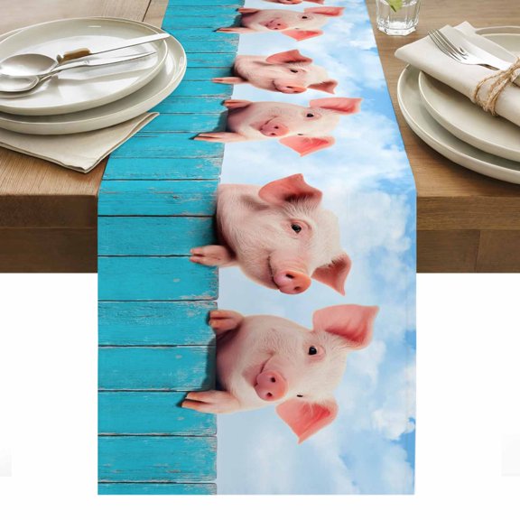 Pigs Cotton Linen Table Runner Farmhouse Cute Pigs Blue Wooden Fence Blue Sky Dining Table Runners for Home Decor Party Dining Room Restaurant Kitchen Party 13" x 36"