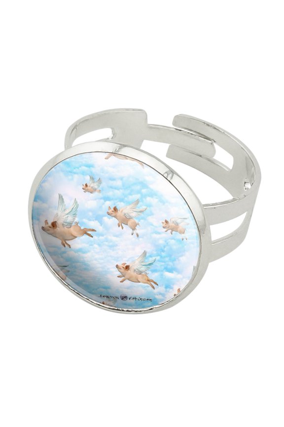 Pigs Could Fly Flying Clouds Sky Pattern Silver Plated Adjustable Novelty Ring
