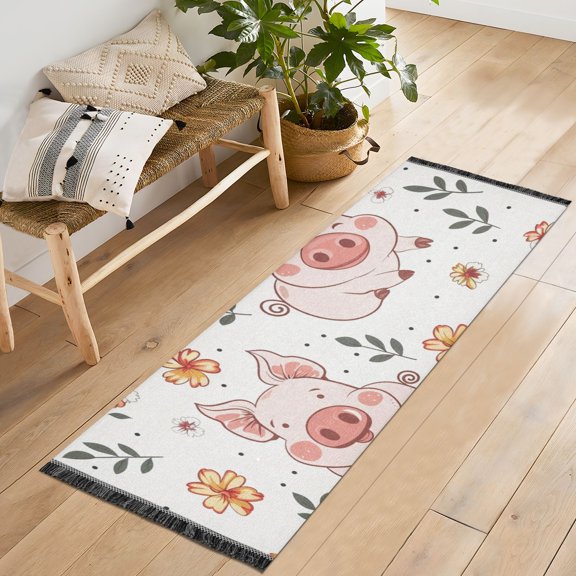 Pigs Flowers Leaves Runner Rug Machine Washable Area Rugs Carpet Non Slip Entryway Mat for Bedroom Entryway Front Door