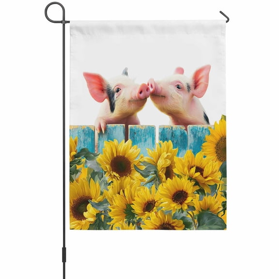 Pigs Garden Flag 12 x 18 Inches, Farmhouse Cute Pigs Blue Wooden Fence Sunflowers Weather Proof Outdoor Patio Flags Double Sided Small Garden Decoration for Yard Outside Home