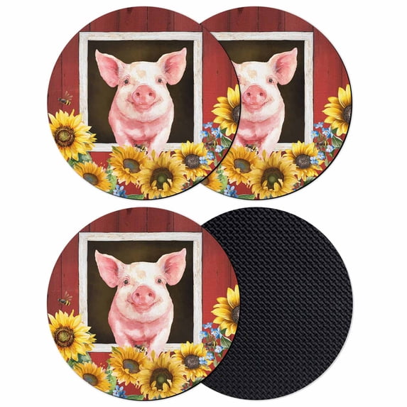 Pigs Sunflowers Coasters Set of 4, Absorbent Coasters for Drinks, Farmhouse Red Barn Flowers Animals Coaster for Desk Coffee Table Protection, Home Decor House Warming Gifts 4"