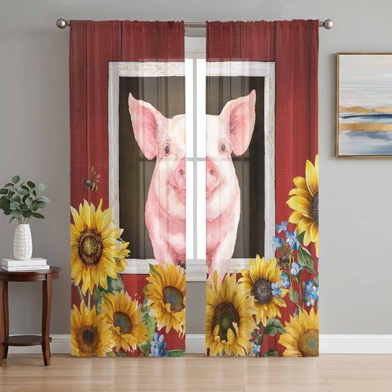 Pigs Sunflowers Sheer Curtains 72 Inch Length 2 Panels Set Window Treatments, Farmhouse Red Barn Flowers Animals Rod Pocket Semi Curtains for Living Room/Bedroom/Kitchen Décor, 104"W x 72"L
