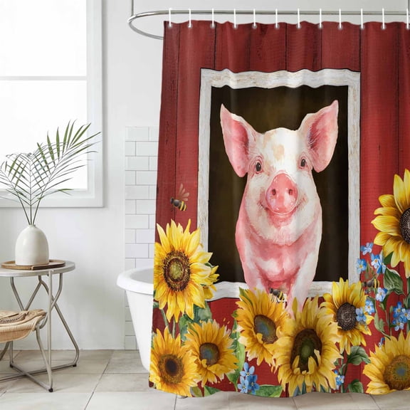 Pigs Sunflowers Small Stall Shower Curtain, Waterproof Shower Curtains for Bathroom, Farmhouse Red Barn Flowers Animals Washable Fabric Bath Curtain for Bathtub Decoration with Hooks 36x72 Inches