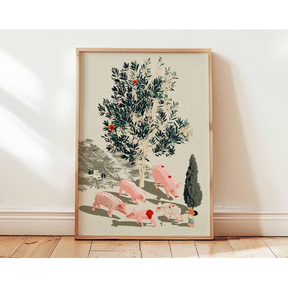 Pigs Under Tree Wall Art Print, Unframed Paper Poster 16x20in