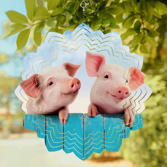 Pigs Wind Spinner for Garden Yard 8In, Farmhouse Cute Pigs Blue Wooden Fence Blue Sky 3D Stainless Steel Kinetic Hanging Wind Spinners Rustproof Outdoor Decor for Lawn Patio Home