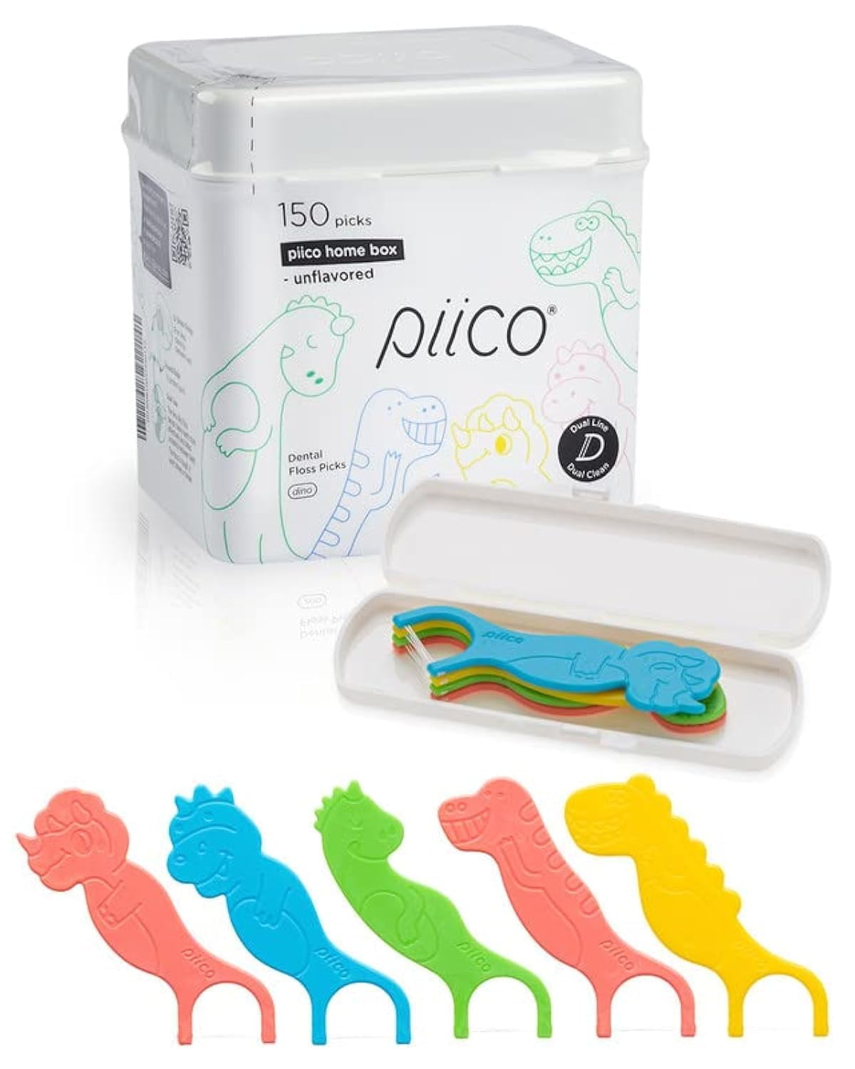 Piico No Flavor Kids AIF9 Floss - No Fluoride Dental Floss Picks - Fun Oral Care in Colorful Floss Sticks Design - Kids Flossers Prevent Tooth Decay & Gum Disease - 150 Homebox Dino & Travel Case