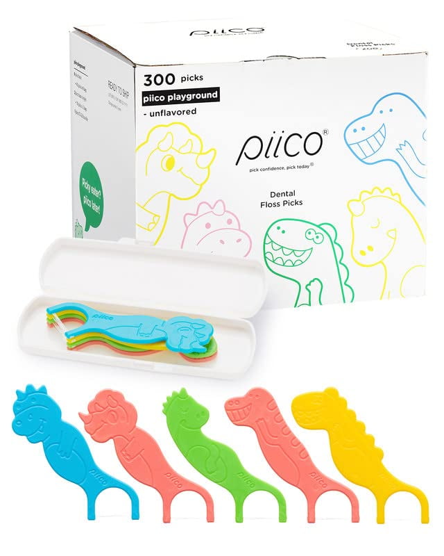 Piico Unflavored Kids Floss AIF9 - No Fluoride Dual Floss Picks - Fun Oral Care in Colorful Floss Sticks Design - Flossers Prevent Tooth Decay & Gum Disease - 300 Playground Dino & Travel Case