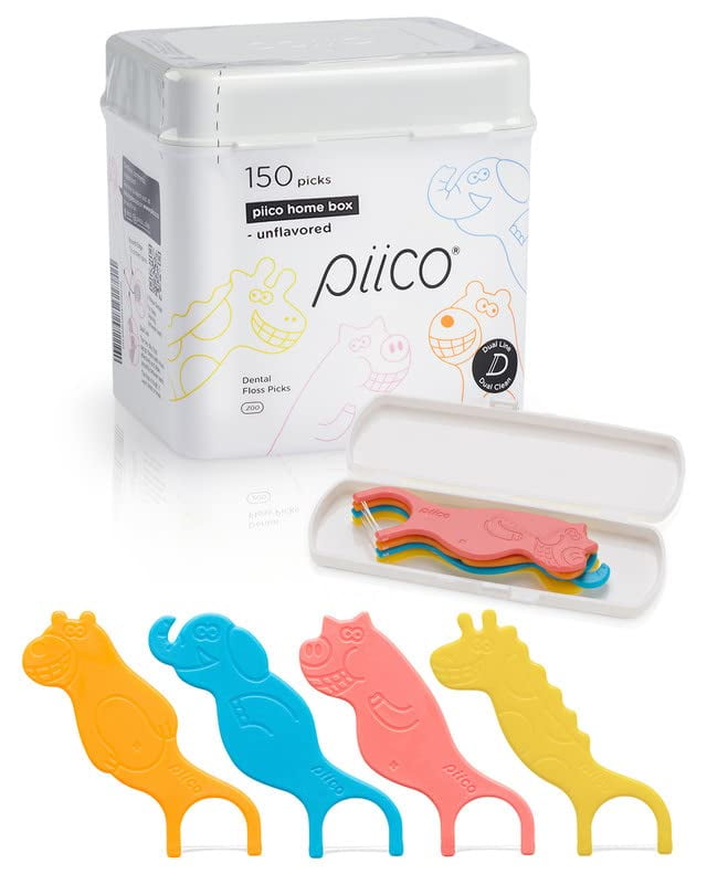 Piico Unflavored Kids Floss AIF9 - No Fluoride Dual Floss Picks - Fun Oral Care in Colorful Floss Sticks Design - Kids Flossers Prevent Tooth Decay & Gum Disease - 150 Homebox Zoo & Travel Case