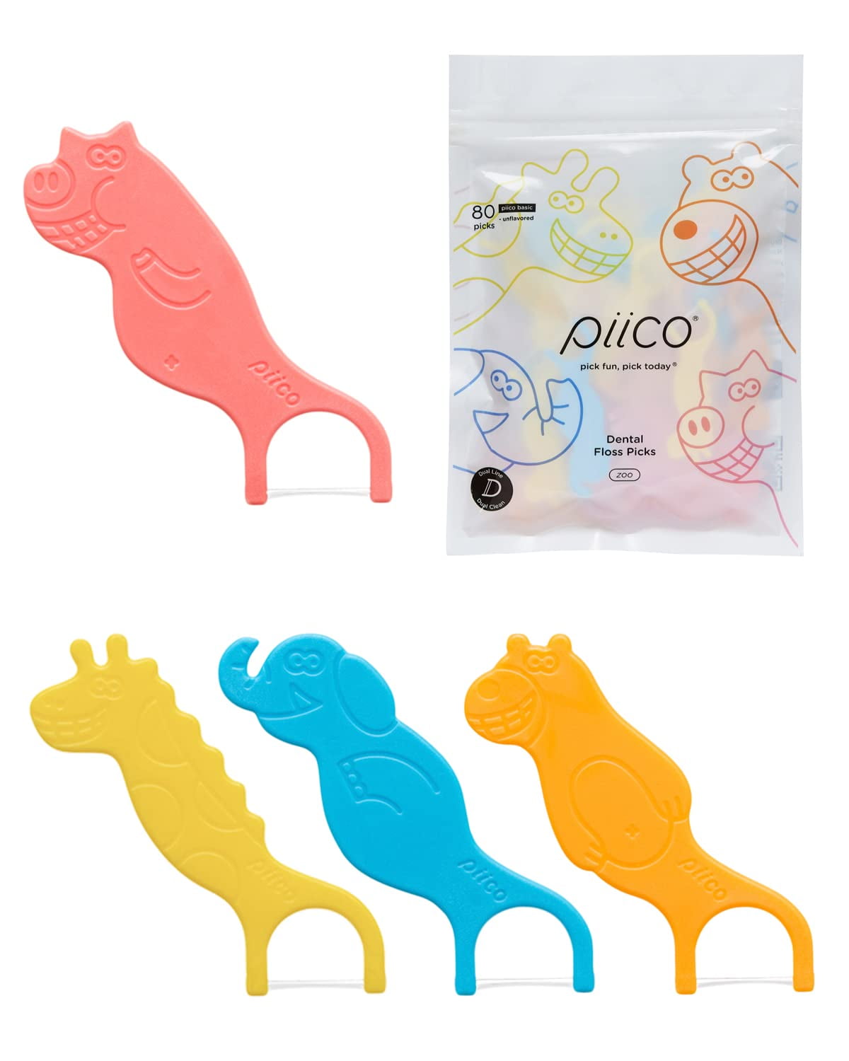 Piico Unflavored Kids Floss - No Fluoride Dual Line Dental Floss Picks - Fun Oral Care in Colorful Floss Sticks Design - Kids Flossers Avoid Tooth Decay & Gum Disease - 80 Count Zoo C35