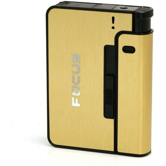 Piioket Automatic Ejection Cigarette Dispenser Case Box with Lighter Case Holder, Aluminium Case, Focus - Gold