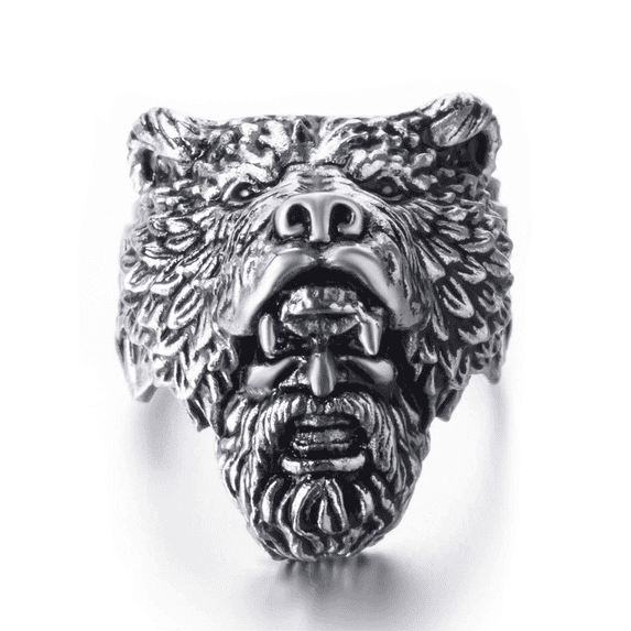 PikaLF Bear Ring for Men, Norse Viking Bear Head Ring, Bear Man Warrior Rings, Retro Bear Totem Rings, Bear Amulet Ring, Silver Black Biker Ring, Punk Animal Bear Jewelry for Men