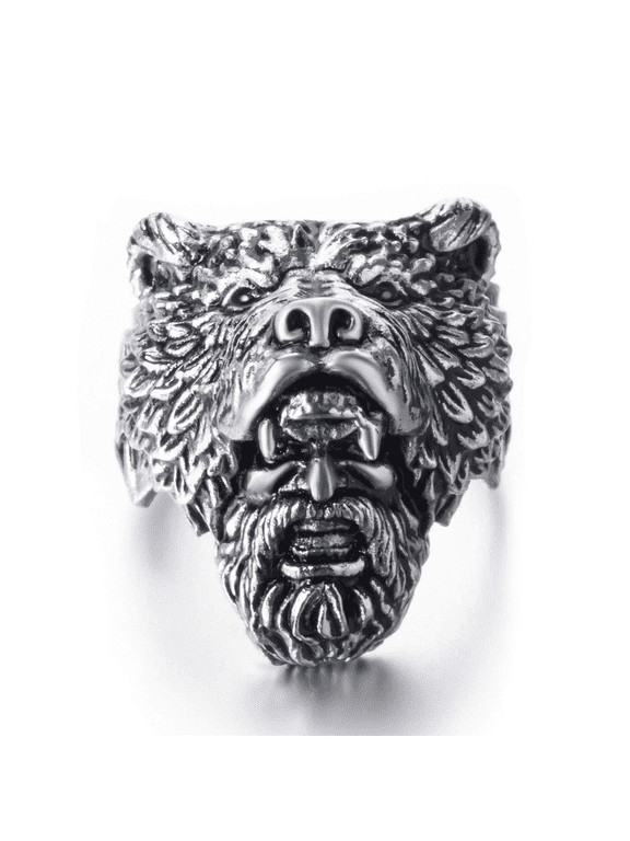 Bear Ring for Men, Norse Viking Bear Head Ring, Bear Man Warrior Rings, Retro Bear Totem Rings, Bear Amulet Ring, Silver Black Biker Ring, Punk Animal Bear Jewelry for Men Boys