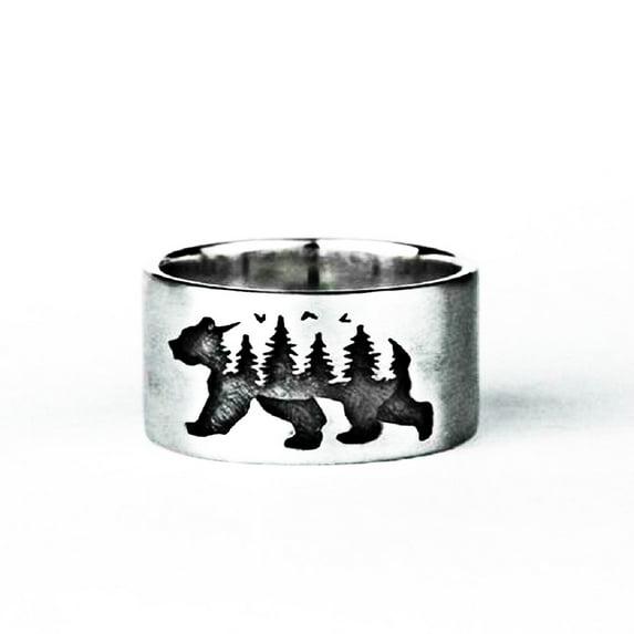PikaLF Bear Ring for Men, Norse Viking Bear Head Ring, Retro Animal Ring with Engraved Bear and Forest, Vintage Bear Totem Amulet Ring, Hip Hop Biker Ring, Punk Animal Bear Jewelry Gift for Men