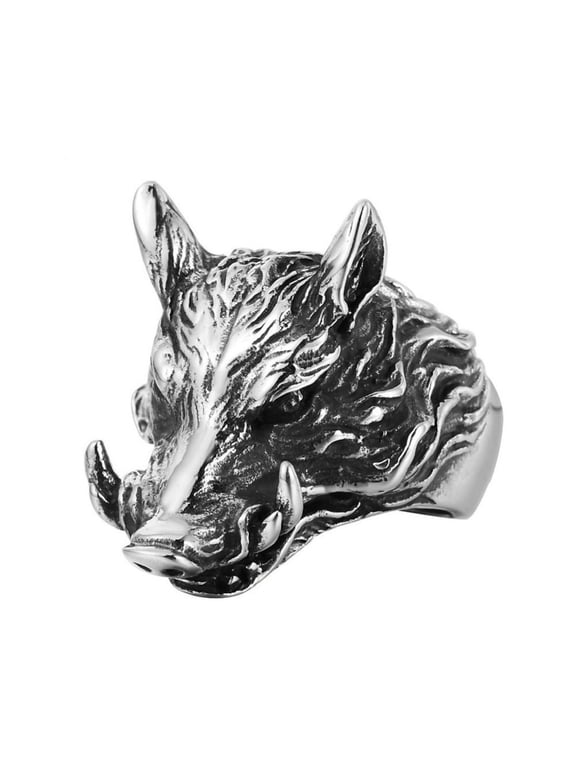 Boar Ring for Men, Stainless Steel Pig Ring, Vintage Wild Boar Rings, Norse Viking Boar Head Ring, Boar Totem Amulet Ring, Punk Animal Pig Jewelry Gift for Men