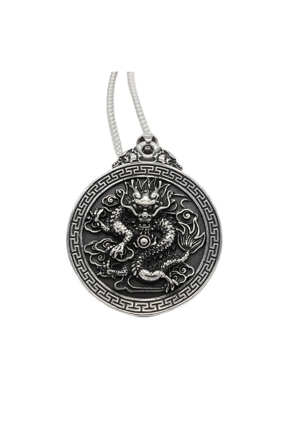 Chinese Dragon Necklace for Men, Dragon Chinese Character Necklace, Hip Hop Dragon Pendant Necklace with 23.6"Chain, Stainless Steel Punk Rock Dragon Kanji Pendant,Vintage Dragon Tag Necklace