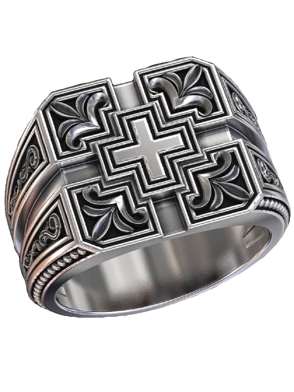 Cross Ring for Men, Christian Religious Ring, Vintage Carved Band Rings, Retro Cross Totem Ring, Gothic Cross Amulet Ring, Punk Cross Signet Ring, Baptism Christian Jewelry Unique for Men