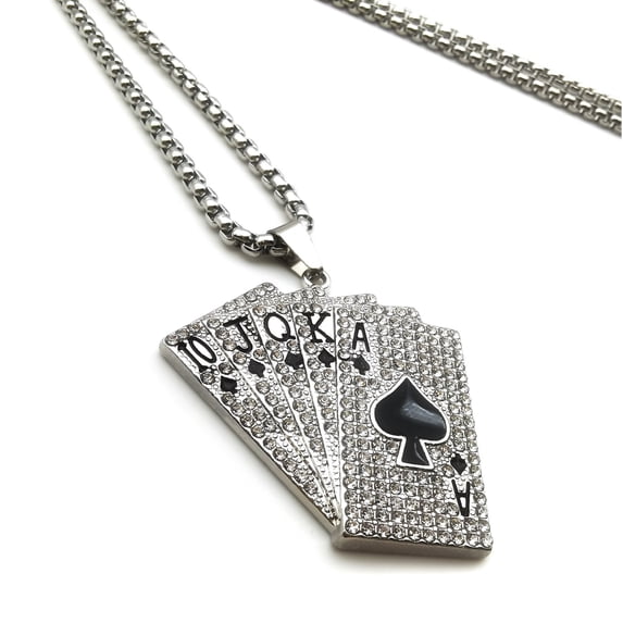 PikaLF Crystal Royal Flush Necklace for Men, Flush Poker Cards Necklace, Playing Cards Pendant Necklace with 27.6” Chain, Spades Royal Flush Poker Lucky Amulet Necklace, Casino Gambling Jewelry