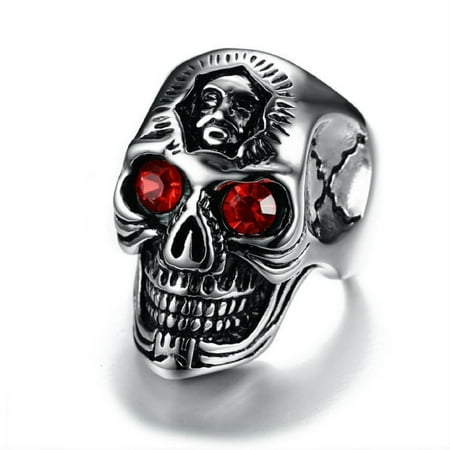 PikaLF Demon Skull Head Ring for Men, Ruby Eye Skull Ring, Vampire Skull Ring, Gothic Red Eye Skull Ring Cocktail Party Ring, Cool Devil Ring Halloween Biker, Vintage Punk Skull Jewelry Gift for Men