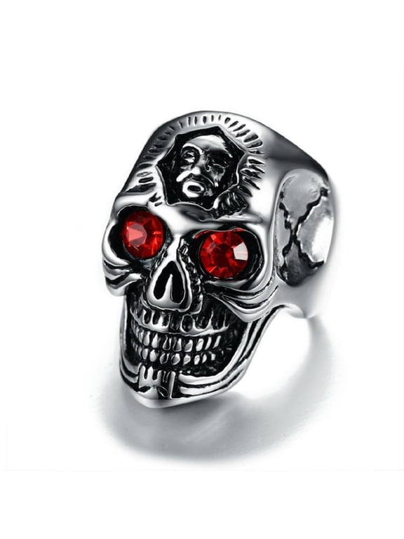 Demon Skull Head Ring for Men, Ruby Eye Skull Ring, Vampire Skull Ring, Gothic Red Eye Skull Ring Cocktail Party Ring, Cool Devil Ring Halloween Biker, Vintage Punk Skull Jewelry Gift for Men