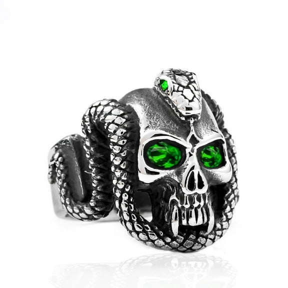 PikaLF Demon Skull Head Ring for Men, Snake Devil Skull Ring, Cool Vampire Skull Ring Halloween Biker, Gothic Green Eye Skull Ring Cocktail Party Ring, Vintage Punk Skull Jewelry Gift for Men