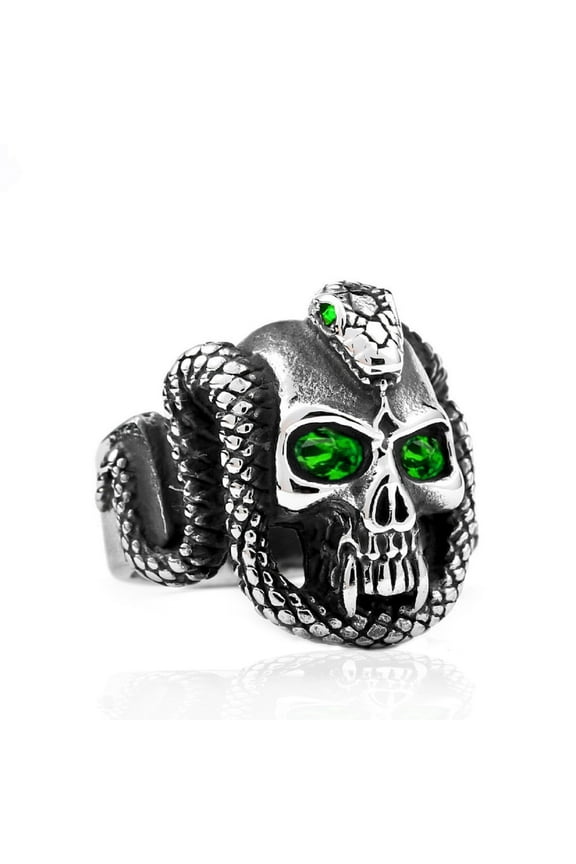 Demon Skull Head Ring for Men, Snake Devil Skull Ring, Cool Vampire Skull Ring Halloween Biker, Gothic Green Eye Skull Ring Cocktail Party Ring, Vintage Punk Skull Jewelry Gift for Men