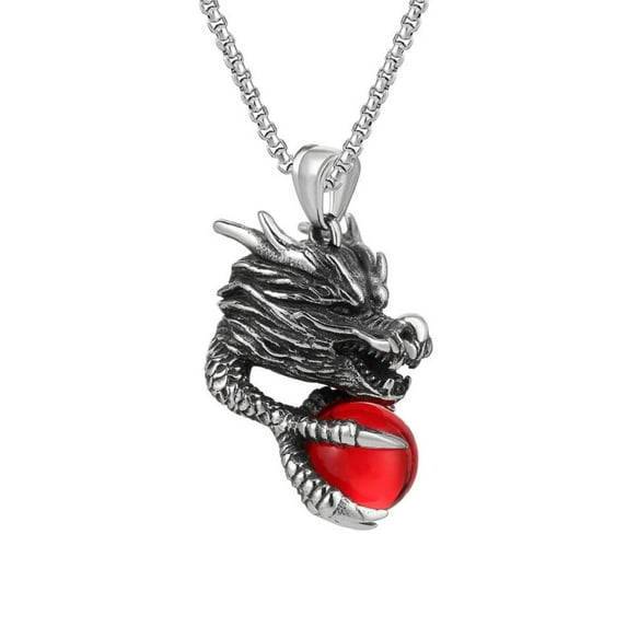 PikaLF Dragon Necklace for Men, Stainless Steel Dragon Claw Pendant Necklace, Dragon Crystal Bead Necklace, Chinese Dragon Head Red Stone Amulet Necklace, Punk Animal Dragon Jewelry Gift for Men