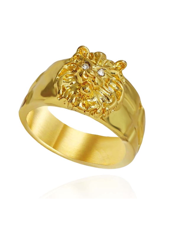 Gold Lion Head Ring for Men, Norse Viking Lion Ring with Rhinestones Crystal Eye, Heavy Metal Rock Punk Style Gothic Biker Cross Ring, Lion Totem Amulet Ring, Punk Animal Lion Jewelry for Men