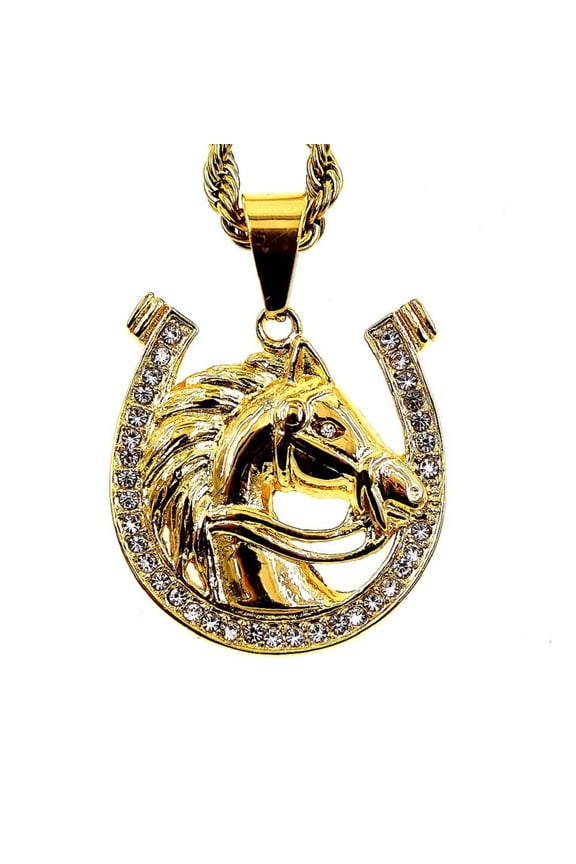 Horse Head Necklace for Men, Hip Hop Horse Horseshoe Necklace, Norse Viking Horse Animal Pendant Necklace with 23.6"Chain, Stainless Steel Punk Rock Horse Pendant, Gold Horse Necklace Jewelry