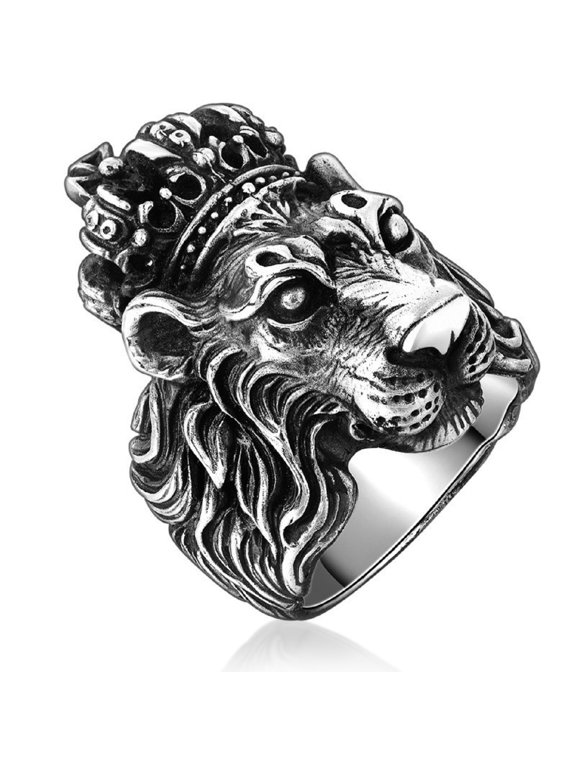 Lion Head Ring for Men, Punk Animal King Crown Lion Ring, Hip Hop Cross Ring, Lion Totem Ring, Amulet Ring, Heavy Metal Rock Punk Style Gothic Biker Ring, Viking Lion Jewelry Gift for Men