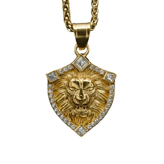 PikaLF Lion Shield Necklace for Men, Hip Hop Lion Necklace, Norse Viking Lion Head Shield Pendant Necklace with 23.6"Chain, Stainless Steel Punk Rock Lion Pendant, Vintage Roaring Lion Necklace