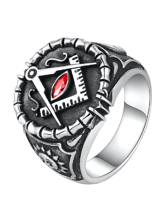 Masonic Ring for Men, Sun Moon Masonic Freemason Ring, Red Crystal Freemason Symbol Masonic Rings, Hip Hop Biker Ring, Religious Amulet Ring, Punk Masonic Jewelry Gift for Men