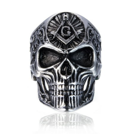 PikaLF Masonic Skull Rings for Men, Stainless Steel Freemason Skull Ring, Cool Vampire Skull Ring Halloween Biker, Gothic Demon Skull Head Ring, Vintage Punk Skull Jewelry Gift for Men