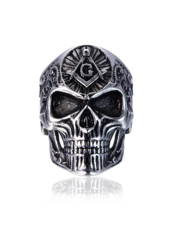 Masonic Skull Rings for Men, Stainless Steel Freemason Skull Ring, Cool Vampire Skull Ring Halloween Biker, Gothic Demon Skull Head Ring, Vintage Punk Skull Jewelry Gift for Men Boys