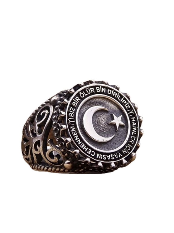 Moon Star Ring for Men, Crescent Moon Ring Silver Black, Vintage Star Ring, Punk Rock Moon and Star Ring, Hip Hop Biker Ring, Retro Star Moon Jewelry Gift for Men