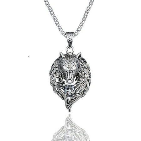 PikaLF Norse Viking Wolf Necklace for Men, Cubic Zirconia Wolf Head Pendant Necklace with 23.6” Chain, Retro Wolf Totem Necklace, Wolf Signet Amulet Necklace, Punk Animal Wolf Jewelry Gift for Men