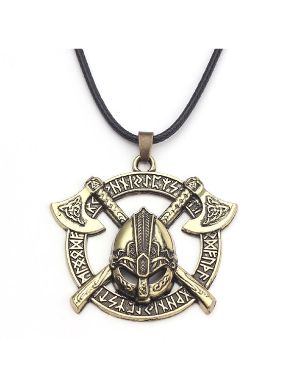 Norse Warrior Helmet Necklace for Men, Viking Runes Double Axe Pendant Necklace with 15.7”+1.9” Chain, Nordic Warriors Tribal Amulet Necklace, Leather Cord, Punk Viking Jewelry Gift for Men