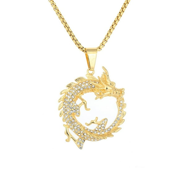 PikaLF Ouroboros Dragon Necklace for Men, Hip Hop Chinese Dragon Necklace, Norse Viking Dragon Head Pendant Necklace with 23.6"Chain,Stainless Steel Punk Dragon Pendant,Vintage Gold Dragon Necklace