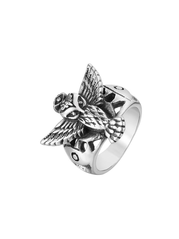 Owl Ring for Men, Owl Eye Ring, Stainless Steel Norse Viking Owl Wing Rings, Vintage Demon Eye Ring, Lucky Owl Amulet Ring, Punk Animal Owl Jewelry Gift for Men