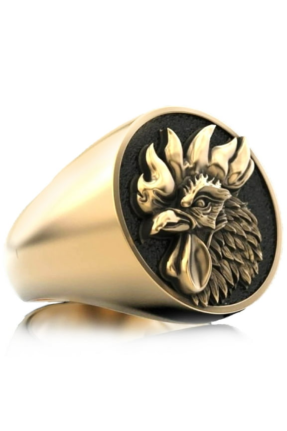 Phoenix Bird Ring for Men, Chicken Rooster Ring, Gold Plated Rings, Vintage Phoenix Signet Rings, Animal Ring Jewelry for Men