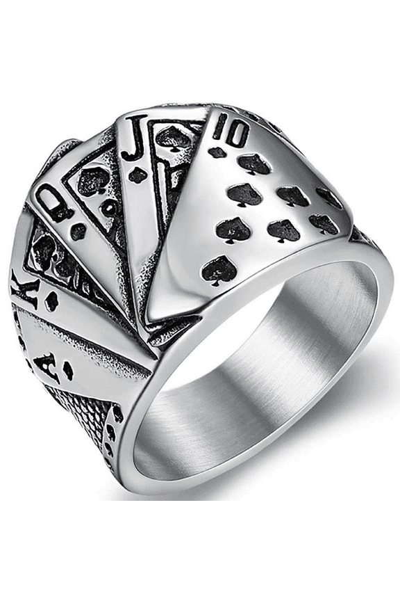 Royal Flush Ring for Men, Flush Poker Cards Ring, Playing Cards Rings, Men's Stainless Steel Spades Royal Flush Poker Lucky Ring, Amulet Ring, Casino Gambling Jewelry Gift for Men