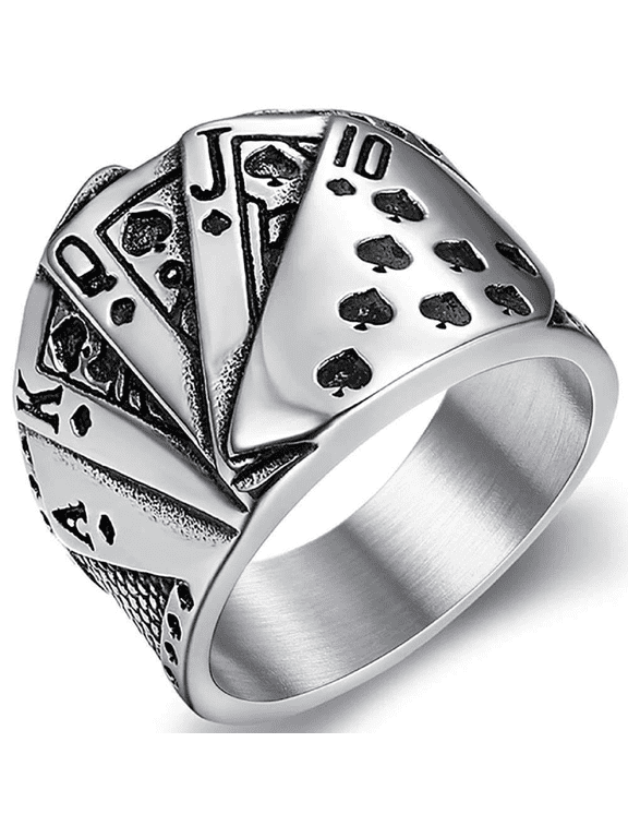 Royal Flush Ring for Men, Flush Poker Cards Ring, Playing Cards Rings, Men's Stainless Steel Spades Royal Flush Poker Lucky Ring, Amulet Ring, Casino Gambling Jewelry Gift for Men