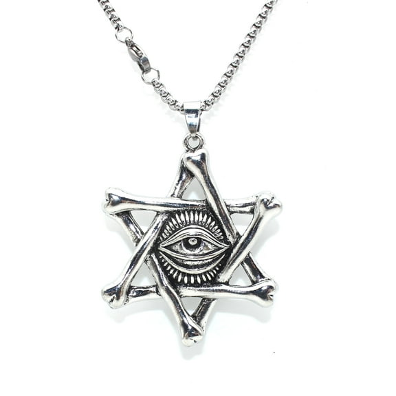 PikaLF Six-Pointed Star Necklace for Men, Evil Eye Cross Pendant Necklace with 25.6 Chain, Vintage Eye Totem Amulet Necklace, Hip Hop Necklace, Punk Rock Jewelry Gift for Men
