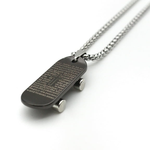 PikaLF Skateboard Pendant Necklace for Men, Stainless Steel Christian Charms Lord's Prayer Scripture Pendant Necklace, Hip Hop Rapper Chain Necklace, Cross Necklace Bible Verse Jewelry for Men